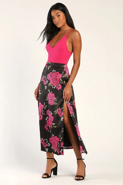 Lulus Elegant Blossoms Black Floral Print Satin Midi Skirt