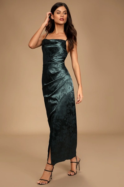 Lulus Under The Moonlight Emerald Green Satin Jacquard Maxi Dress