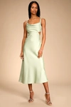 Lulus Stun To Remember Sage Green Satin Cowl Neck Cutout Midi Dress In Sage Green