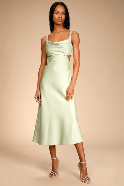Lulus Stun To Remember Sage Green Satin Cowl Neck Cutout Midi Dress