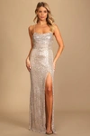 Lulus Evenings Of Elegance Silver Sequin Lace-up Maxi Dress In Silver