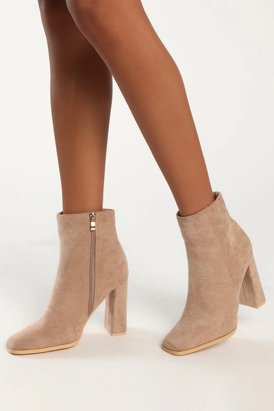Lulus Andies Taupe Suede Mid-calf Square Toe Booties