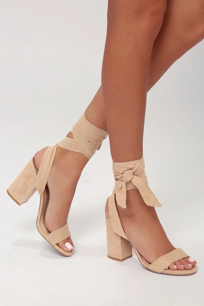 Lulus Alta Light Nude Suede Lace-up Heels In Beige