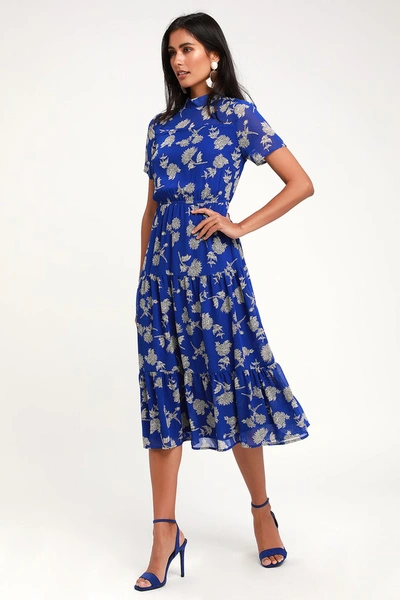 Lulus Floral Dressed Up Royal Blue Floral Print Midi Dress