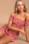Lulus Charming Look Red Floral Print Smocked Off-the-shoulder Romper In Red
