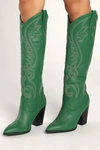 Steve Madden Lasso Green Leather Pointed-toe Knee High Cowboy High Heel Boots In Green