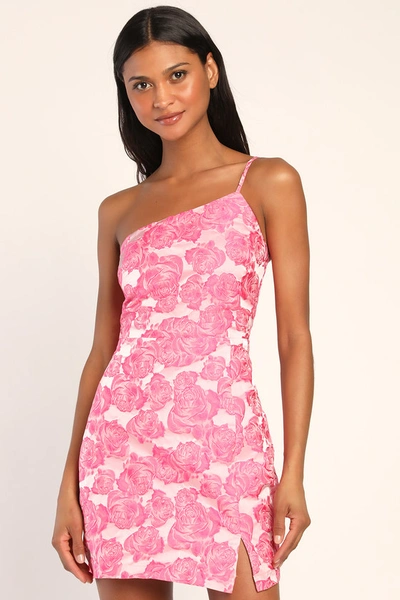 Lulus Flowery Fete Pink Floral Jacquard One-shoulder Mini Dress