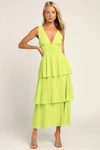 LULUS CELEBRATION TIME LIME GREEN SLEEVELESS TIERED MIDI DRESS