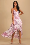 Lulus An Enchanting Dream Purple Multi Print High-low Maxi Dress In Purple