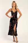 LULUS DIVINE ALLURE BLACK FLORAL BURNOUT VELVET MIDI DRESS