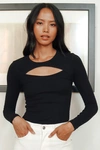 Lulus Flirty Little Secret Black Ribbed Cutout Long Sleeve Top In Black