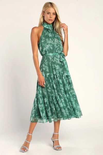 Lulus Float To You Green Floral Print Halter Tiered Midi Dress