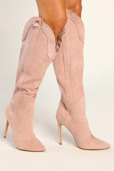Lulus Sayyna Pink Suede Pointed-toe Knee-high High Heel Boots