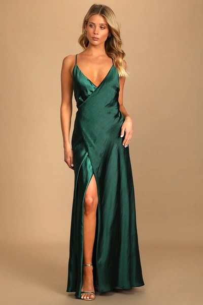 Lulus Fondly Loved Dark Green Satin Wrap Maxi Dress | ModeSens