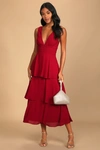 Lulus Celebration Time Red Sleeveless Tiered Midi Dress In Red