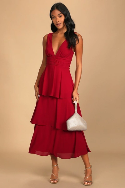 Lulus Celebration Time Red Sleeveless Tiered Midi Dress