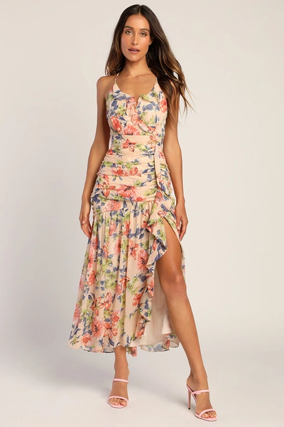 Lulus Stunning Soiree Blush Pink Floral Print Ruched Midi Dress