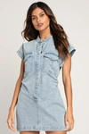 Lulus On This Sweet Day Light Wash Denim Button-front Mini Dress In Blue