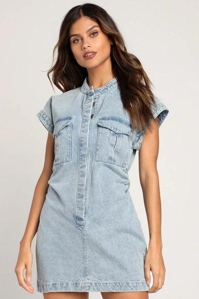 Lulus On This Sweet Day Light Wash Denim Button-front Mini Dress In Blue