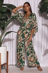 Lulus From Sunrise Teal Floral Print Bell Sleeve Wide-leg Jumpsuit In Teal