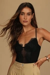 Lulus Draw You In Black Sleeveless Lace Bustier Bodysuit In Black