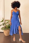 Lulus Manhattan Moment Blue Ruffled Midi Wrap Dress In Blue