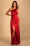Lulus Dreaming Of Elegance Wine Red Satin One-shoulder Maxi Dress In Wine Red