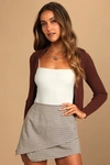 Lulus Smart Style Beige Plaid Asymmetrical Mini Skort In Beige