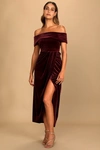 LULUS I'M ENCHANTED BURGUNDY VELVET OFF-THE-SHOULDER MAXI DRESS