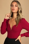 Lulus Flirting For Fun Wine Red Ribbed Long Sleeve Bodysuit In Wine Red