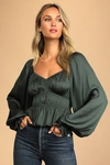 Lulus Sophisticate Dark Green Satin Ruched Long Sleeve Top In Dark Green