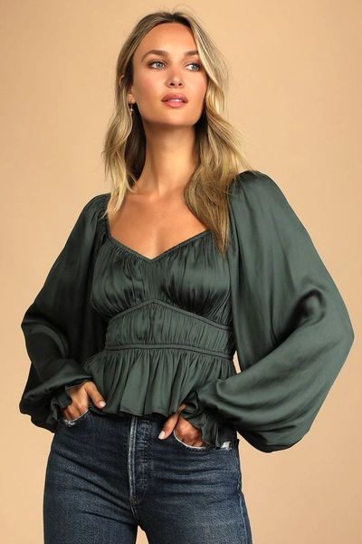 Lulus Sophisticate Dark Green Satin Ruched Long Sleeve Top