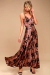 Lulus Tea Gardens Rusty Rose Floral Print Satin Maxi Dress In Pink
