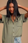Lulus Blythe Olive Green Short Sleeve Button-up Top In Olive Green