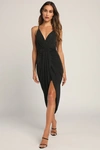 Lulus Dreamy Date Black Surplice Midi Dress In Black