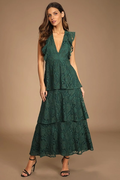 Lulus Molinetto Forest Green Lace Ruffled Tiered Sleeveless Maxi Dress