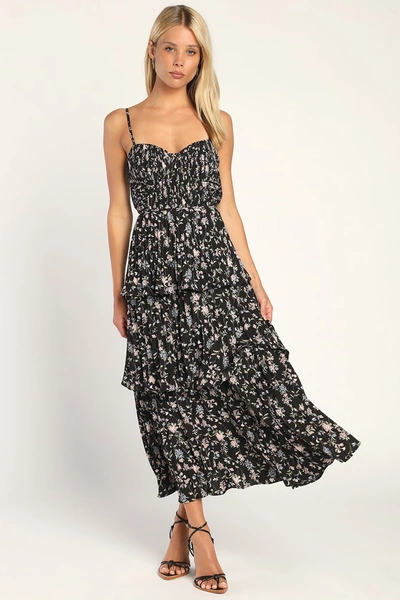 Lulus Cascading Crush Black Floral Print Tiered Bustier Midi Dress