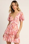 Lulus Sunny Evenings Pink Multi Lurex Flutter Sleeve Mini Dress In Pink