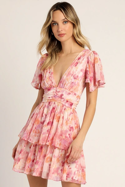 Lulus Sunny Evenings Pink Multi Lurex Flutter Sleeve Mini Dress
