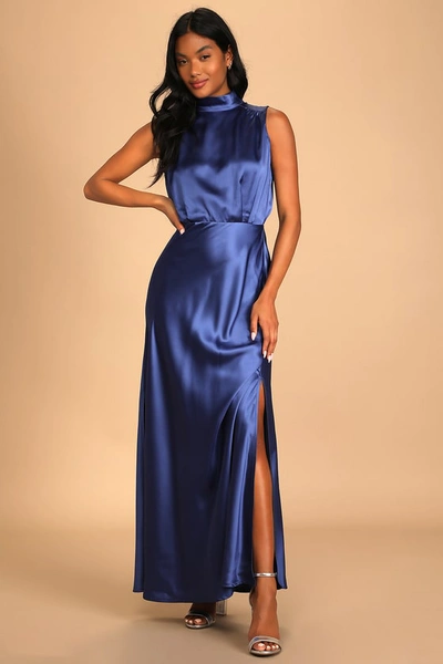 Lulus Classic Elegance Blue Satin Sleeveless Mock Neck Maxi Dress