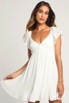 LULUS AMALFI COAST WHITE PLEATED FLUTTER SLEEVE MINI DRESS