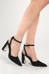 Lulus Laura Ii Black Suede Ankle Strap Pointed-toe Pumps In Black