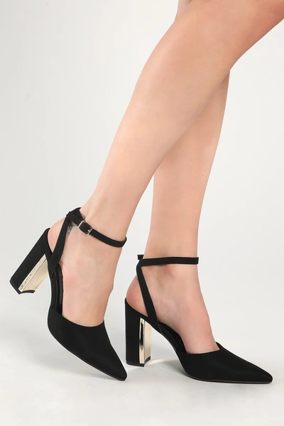 Lulus Laura Ii Black Suede Ankle Strap Pointed-toe Pumps