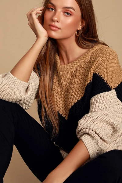 Lulus Autumn Leaves Tan Multi Chevron Stripe Knit Sweater
