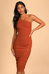 LULUS ALREADY RSVP'D RUST BROWN RUCHED ONE-SHOULDER BODYCON DRESS