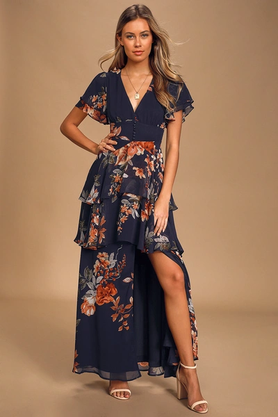 Lulus Midnight Mood Navy Blue Floral Print Tiered Maxi Dress