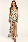 Lulus Show Stopper Cream Embroidered Sequin Bodycon Maxi Dress In Beige