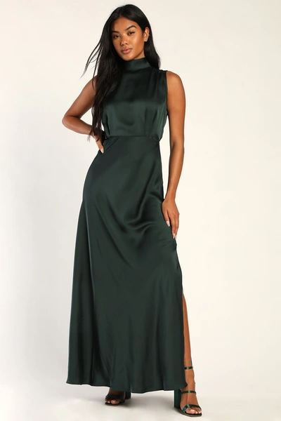 Lulus Classic Elegance Green Satin Sleeveless Mock Neck Maxi Dress