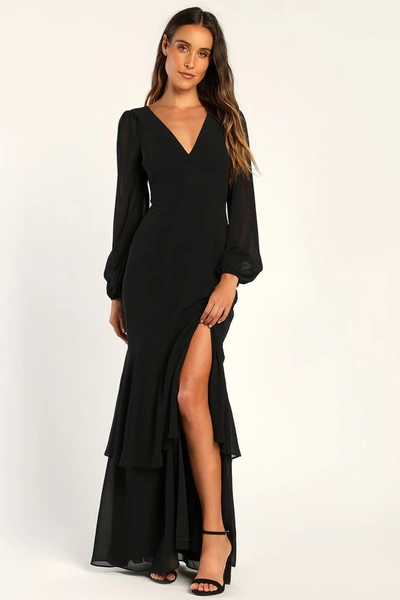 Lulus Tier Elegance Black Long Sleeve Tiered Maxi Dress