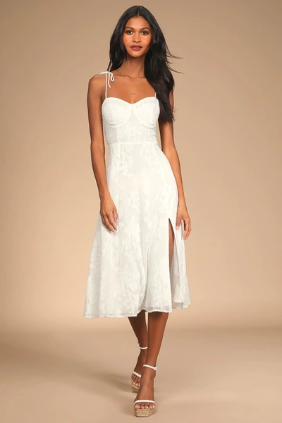 Lulus Loveliest Looks White Floral Jacquard Tie-strap Midi Dress